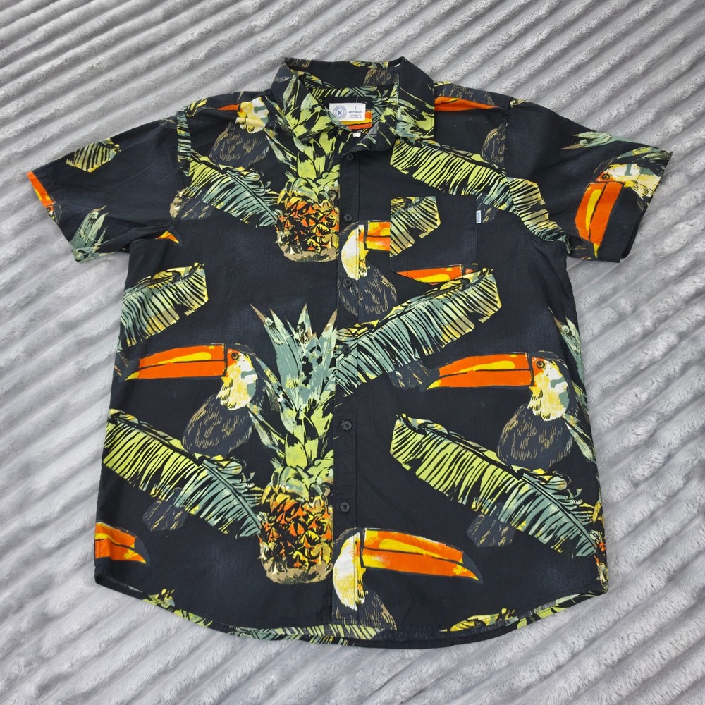 Hurley Mens Toucan Pineapple Tropical Print Button Down Shirt Black Large